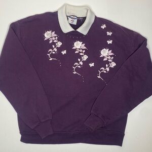 Vintage 90’s Grandma Collared Sweatshirt by Jerzees Purple with Flowers Sz Lg